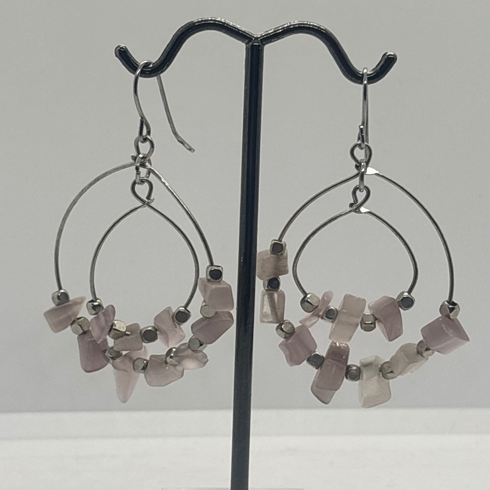 Pink‎ Rose Quartz Chip Double Hoop Earrings Silver Tone Boho Dangle French Wire